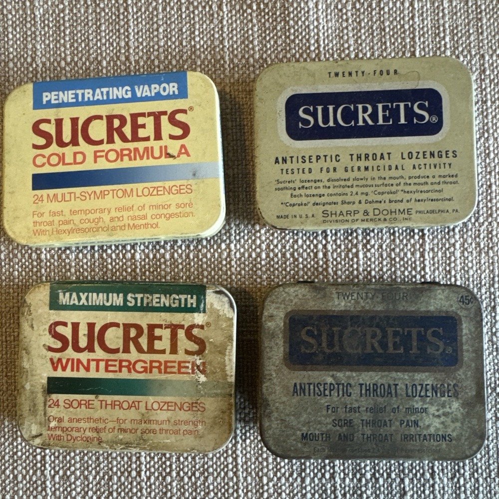 Lot of 4 Sucrets Tins Vintage Empty Containers 1950 To 1980‎